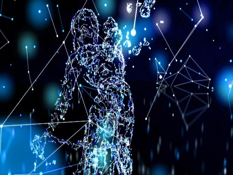 A digital art illustration of a person composed of glowing blue lines and particles, surrounded by abstract geometric shapes and stars on a dark background. Quantum Computing