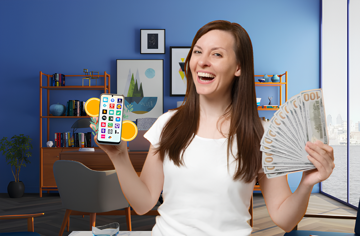 A woman in a bright room smiles while holding a smartphone and a fan of hundred-dollar bills. The room features a blue wall, bookshelves, and framed artwork. Best Passive Income Apps