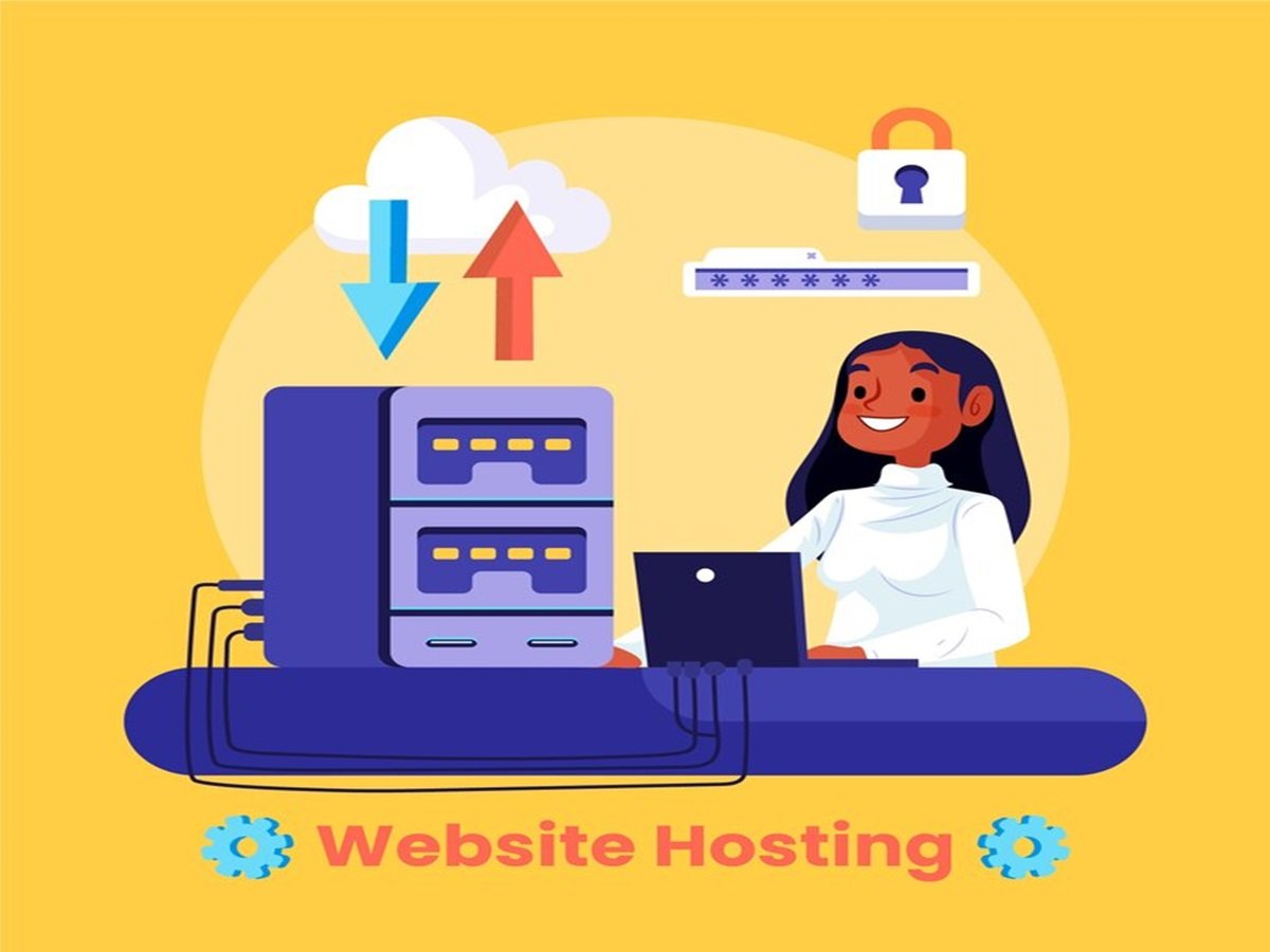 An illustration of a person with a laptop at a server, symbolizing website hosting through Hostinger cPanel Login. Icons like cloud storage, a lock, and data transfer arrows enhance the scene on a vibrant yellow background.