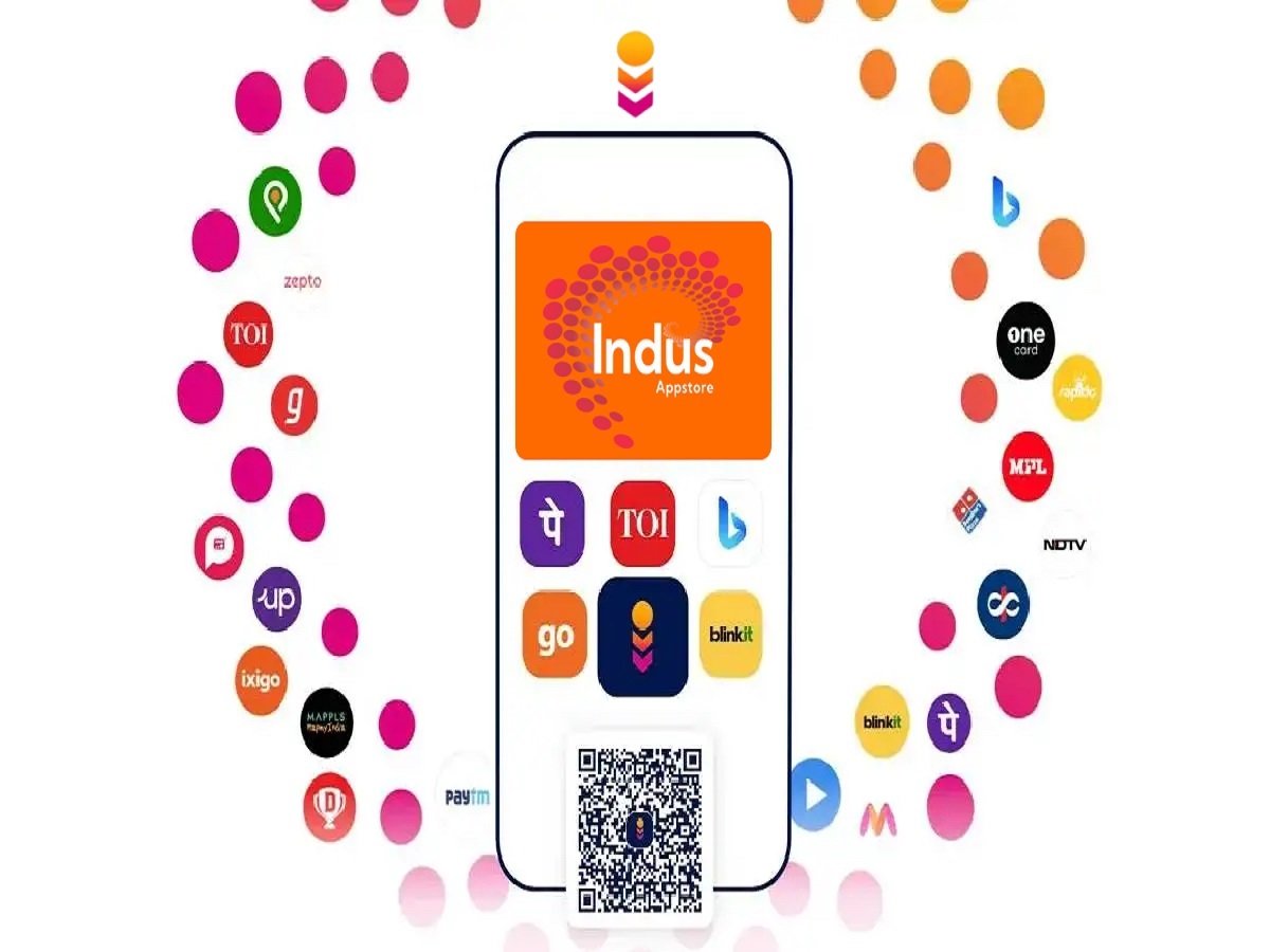 A smartphone display features the Indus Appstore logo, encircled by various app icons, highlighting the seamless integration of the Indus Appstore with Android devices and PhonePe services.