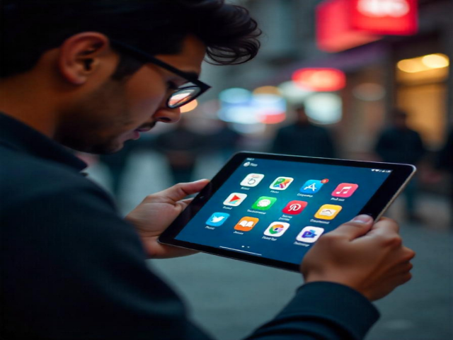 A person using a tablet, exploring the Indus App Store with various app icons visible, stands on a bustling city street with blurred lights in the background.