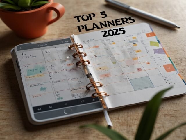 Open planner on a table with a pen and potted plant, titled Top 5 Planners 2025. Discover the best planner apps to complement your paper planning routine for a seamless experience.