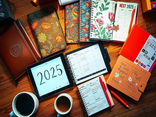 A table with planners, an iPad displaying 2025 showcasing the best planner apps, notebooks, pens, and two cups of coffee on a wooden surface.