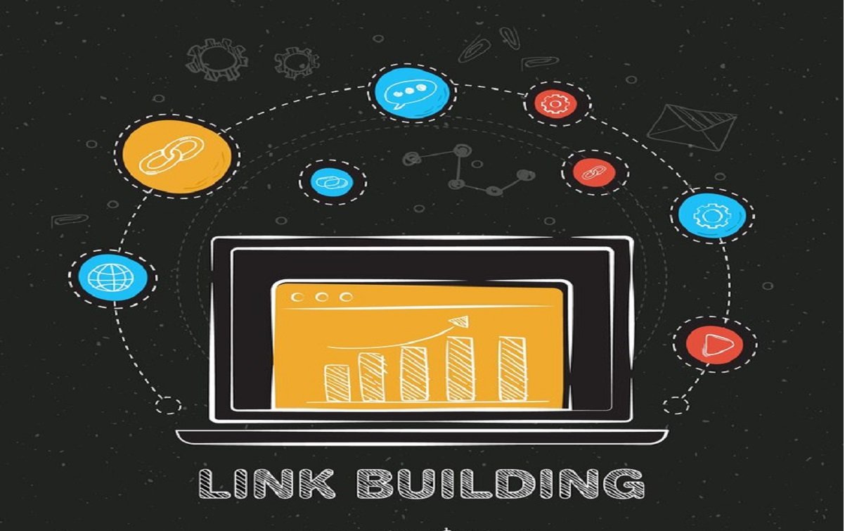 Illustration of a laptop with a graph on its screen, surrounded by icons for build backlinks activities, such as sharing, messaging, and connectivity symbols.