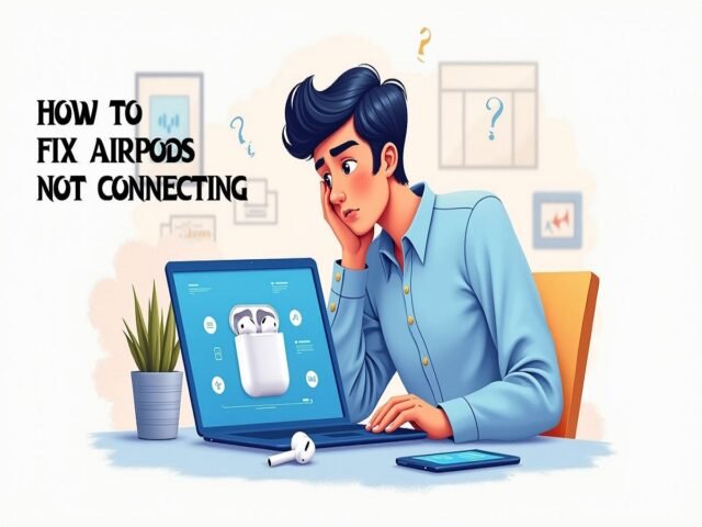 Illustration of a frustrated person with AirPods, laptop, and phone. Text reads How to Fix AirPods Not Connecting.