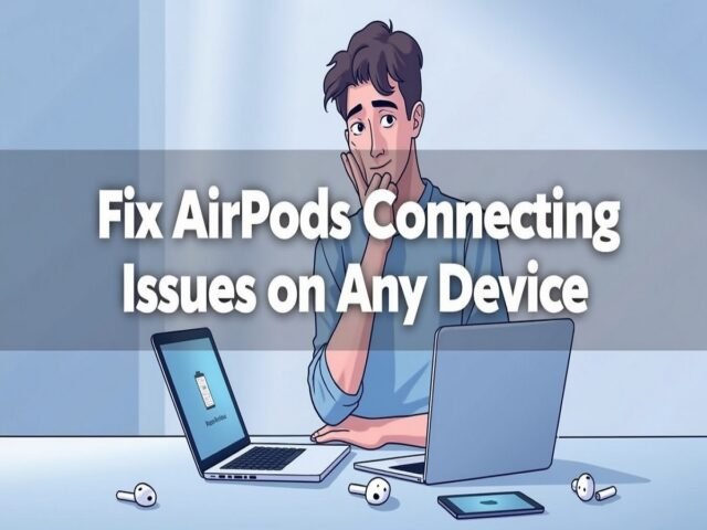 Illustration of a person with two laptops and AirPods, pondering. Text reads: Fix AirPods Connecting Issues on Any Device.