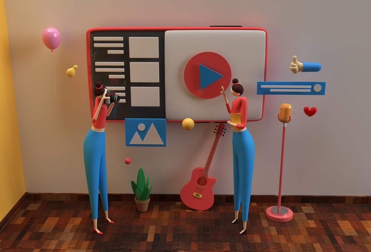 Two abstract figures interact with a large digital display featuring icons like a play button, image, and thumbs-up. A guitar, microphone, and balloon are nearby in a room with a wooden floor. Discussing about video indexing