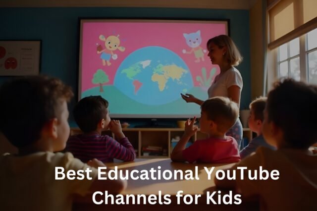 Children are captivated as they watch their teacher present a vibrant animated world map, inspired by the best educational YouTube channels for kids, on a big screen.