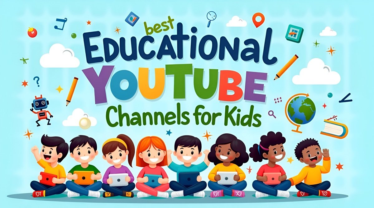 Amidst a vibrant array of educational icons, children enthusiastically explore laptops under the banner Best Educational YouTube Channels for Kids, where learning meets fun in a digital playground.