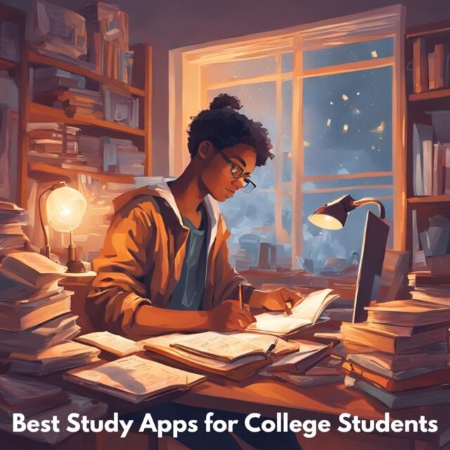 A college student studies at a desk surrounded by books, with a laptop open. Text reads, Explore the Best Study Apps for College Students.